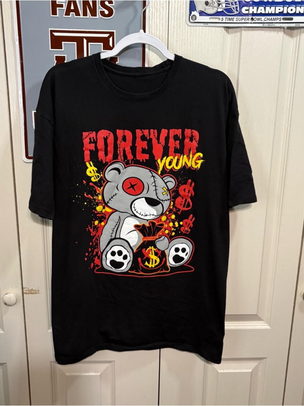 Black 'Forever Young' Graphic Tee with Teddy Design